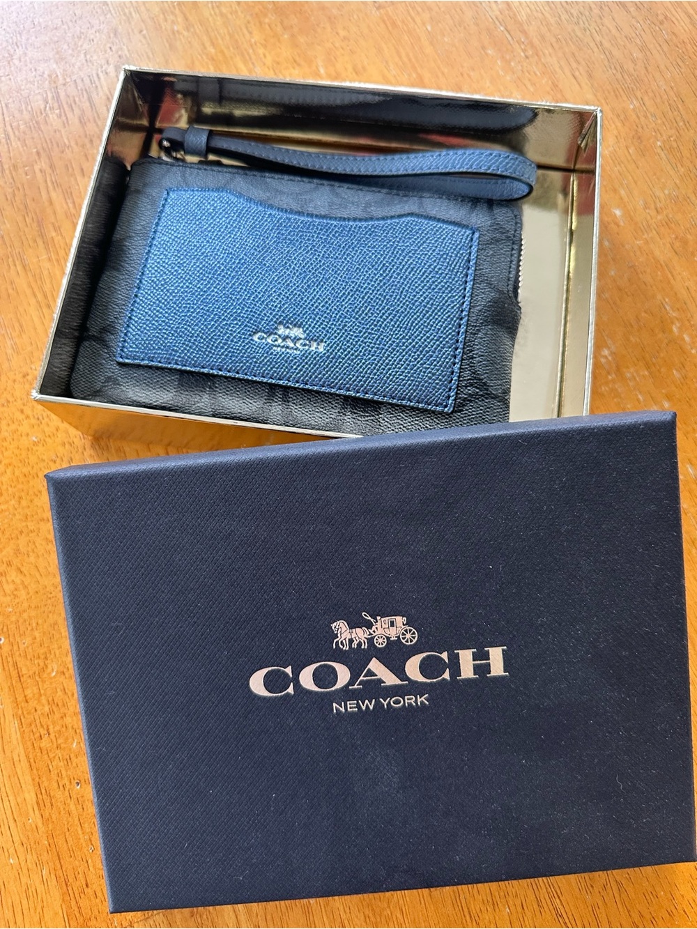 Coach Blue and Black Leather Wristlet Card Case with Strap